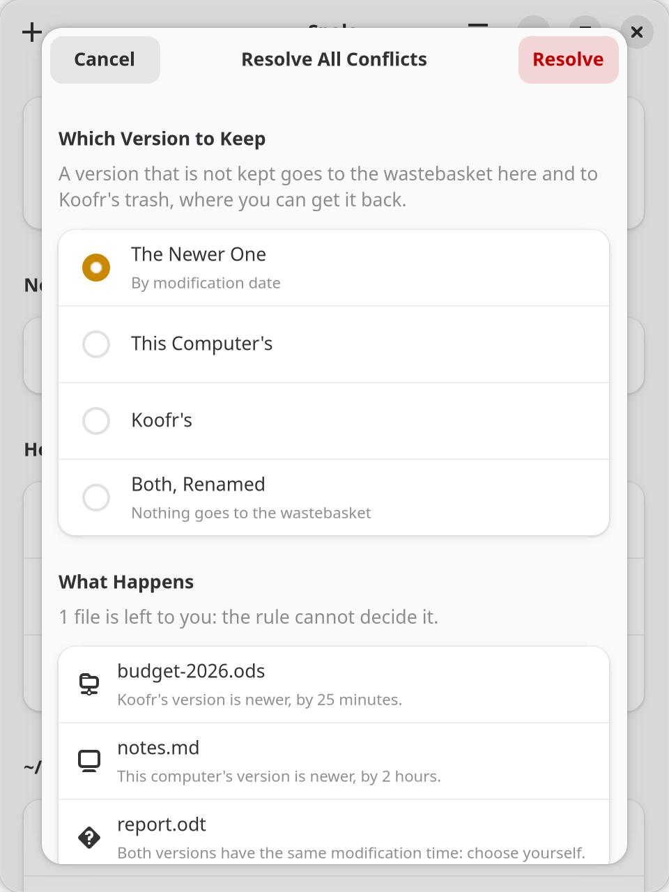 Resolve All Conflicts: the newer version chosen, then each file with the version that stays and why, one left to the user